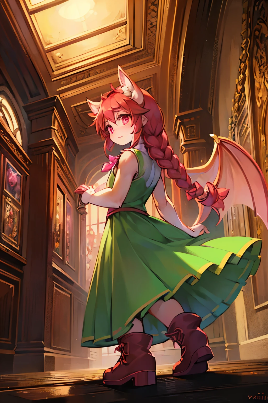 ((best qualityer)), ((work of art)), (detailded), 1 fairy girl, with green dress and pink ruffle, with brown vest, pink bows, long brown boots, with ties at the top, golden buckles, long red hair, with half braids on the sides, pink eyes, withe wings, standing
