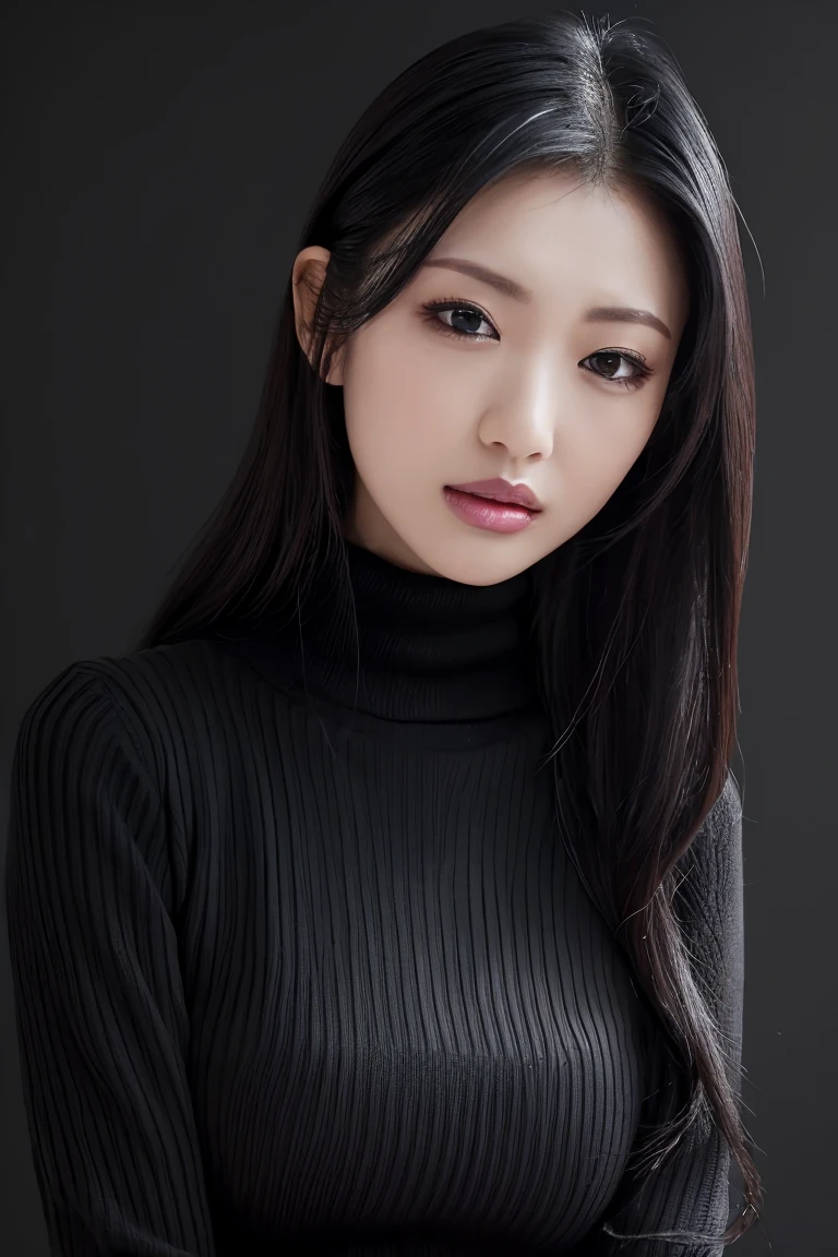 (Highest quality、Tabletop、8K、Best image quality、Award-winning works)、(The simplest pure black background:1.5)、(Expressionless:1.1)、(jet black knit sweater:1.1)、(Face close-up:1.2)、Straight Long Hair、Stand upright facing forward、Perfect Makeup、Beautiful, glossy, perfect lips