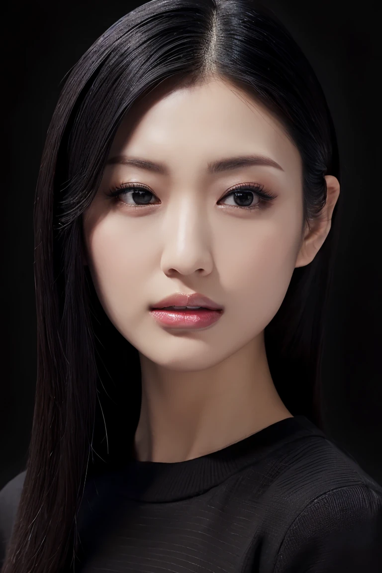 (Highest quality、Tabletop、8K、Best image quality、Award-winning works)、(The simplest pure black background:1.5)、(Expressionless:1.1)、(jet black knit sweater:1.1)、(Face close-up:1.2)、Straight Long Hair、Stand upright facing forward、Perfect Makeup、Beautiful, glossy, perfect lips