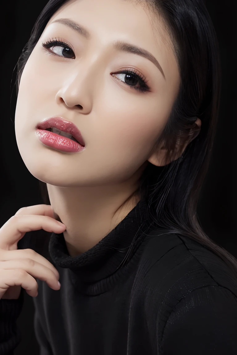 (Highest quality、Tabletop、8K、Best image quality、Award-winning works)、(The simplest pure black background:1.5)、(Expressionless:1.1)、(jet black knit sweater:1.1)、(Face close-up:1.2)、Straight Long Hair、Stand upright facing forward、Perfect Makeup、Beautiful, glossy, perfect lips