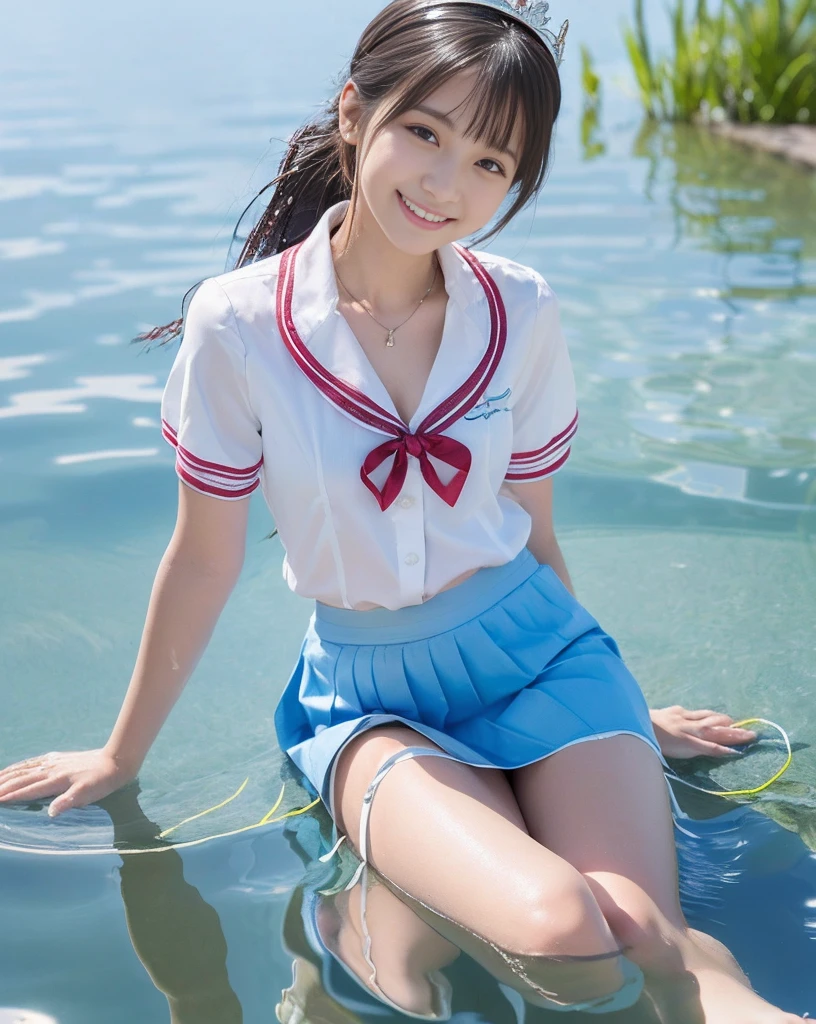 (NFSW)、(High resolution:1.5)、Highest quality,Very detailed,masterpiece,Super detailed,alone,(1 15 year old girl),((Summer School Uniforms:1.5)), Seraphim, ((skirt:1.5)),  smile, Thigh fetish images: 1.5、(((barefoot)))、(Her thighs and white bikini reflected in the clear blue water)、(reflected in water:1.5)、((I can see the white string panties:1.5))、(Cleavage)、((Clear blue seawater))、Summer sun、はしゃいだsmile、Beautiful Eyes、(pull-out-lift-panties)、Big necklace and tiara、The water is marine blue、