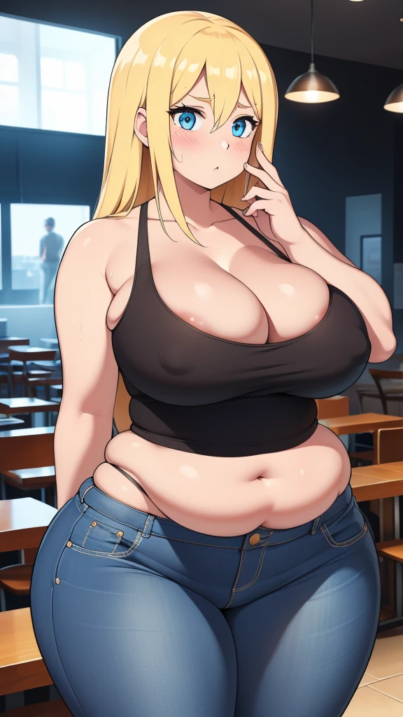 ((Masterpiece)), perfect anatomy, perfect shading, field of depth, (best quality), extremely delicate and beautiful, perfect lighting, detailed face, ultra cute face, cute, (1girl), (solo),
long fluffy blonde hair, blue eyes, ((blush)), nervous, looking at viewer, tank top, jeans, cleavage, large breasts, ((thick thighs)), (wide hips), fat ass, chubby,
intricate background, detailed background, fast food restaurant, standing,