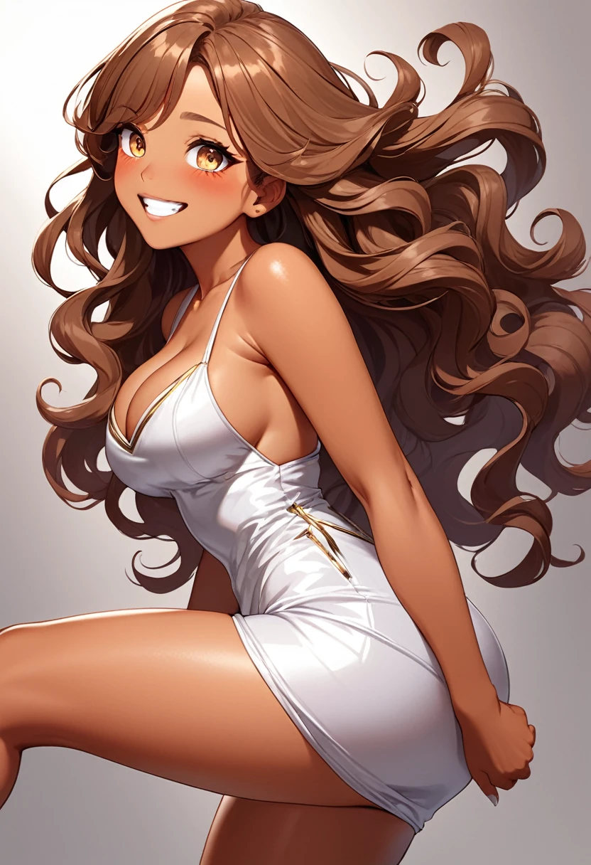 detailed illustration (side view),dynamic angle,ultra-detailed, detailed eyes, detailed face, 1girl,, long brown hair, wavy hair, smile, horny, needy, eager, blushing, brown eyes, detailed eyes, bright eyes, red clubbing dress, thighs, cleavage, tan skin