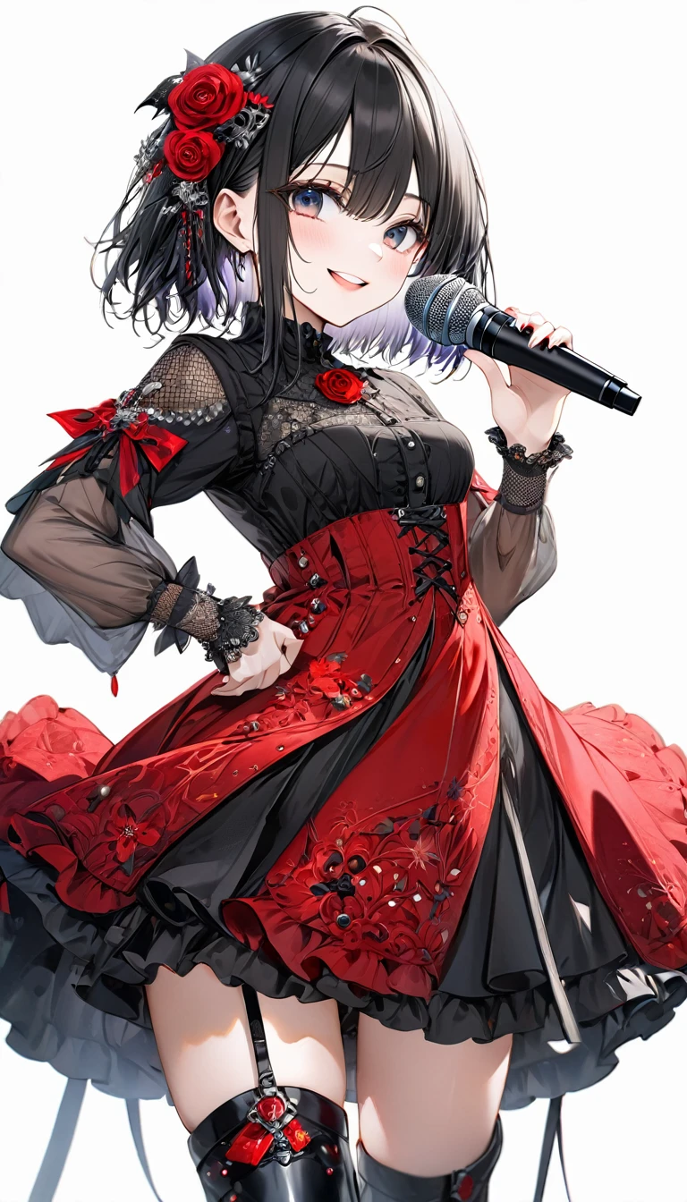 (((White background:1.2)))、(masterpiece、Ultra HD、Masterpiece、4K)、Perfect Style、Scandinavian Gothic Metal Girl, Intricate details, Highly detailed eyes, Black shorthair、Red Gothic Dress, Flash photography, Intricate details、smile、Wear long black boots、mini skirt、Uplifting、looks fun、masterpiece,high quality,One person girl,Woman in her 30s、Hold the microphone and sing,