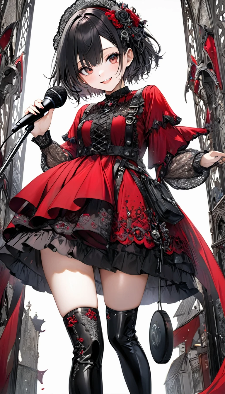 (((White background:1.2)))、(masterpiece、Ultra HD、Masterpiece、４K)、Perfect Style、Scandinavian Gothic Metal Girl, Intricate details, Highly detailed eyes, Black shorthair、Red Gothic Dress, Flash photography, Intricate details、smile、Wear long black boots、mini skirt、Uplifting、looks fun、masterpiece,high quality,One person girl,Woman in her 30s、Hold the microphone and sing,