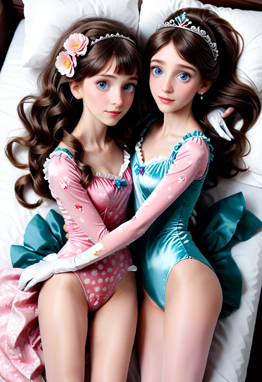 (Style-Princess) (1 man, 1 catgirl) (hetero, couple) (crossdressing, fully clothed) (brown hair, blue eyes) (portrait) (women's clothes only) (women's beautifully feminine skintight velvet floral print frilly girly pink adorable ballet leotards) (white opaque tights, no shoes) (tiaras, pink shoulder-length silk gloves:1.3) (woman's bedroom, four-poster bed) (lying down, hugging, bending knee) (intimacy, playfulness, closeness)