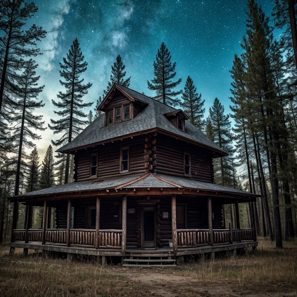 A spooky but eerily beautiful abandoned cabin in the middle of the spooky woods. Above the beautiful sky shows with galaxies and planets. Hd photo