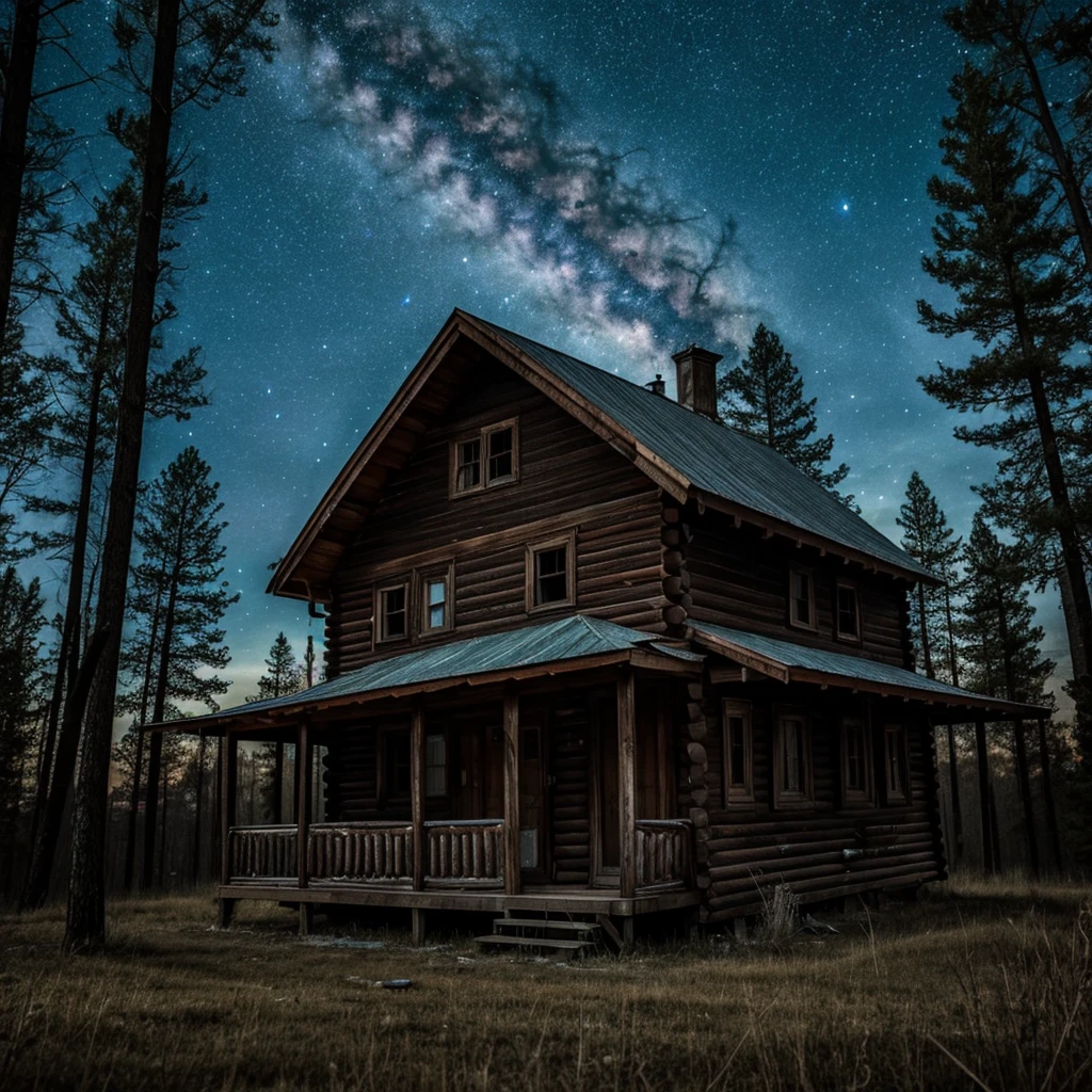 A spooky but eerily beautiful abandoned cabin in the middle of the spooky woods. Above the beautiful sky shows with galaxies and planets. Hd photo