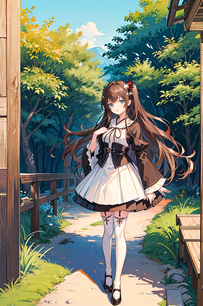 1girl, solo, outdoors, long hair, holy place, Original,(Illustration:1.1),(Best Quality),(masutepiece:1.1),(the Extremely Detailed CG Unity 8K Wallpapers:1.1), (Colorful:0.9),(mid-shot:0.95),(extremely detailed beautiful face),(Solo:1.2), (girl),((())), (Detailed beautiful eyes:1.15), (Beautiful face:1.15), (Glowing blue eyes:1.25////),(((Brown Long Hair))),(two side up),(+perfect hand+:1.21),(Draw illustration of Japan priestess costume),(slender),(White pleated skirt),(Gothic),((black thighhighs)),(frilld),(Beautiful Slender Lolil),hallowween,standing, girl,10 years o