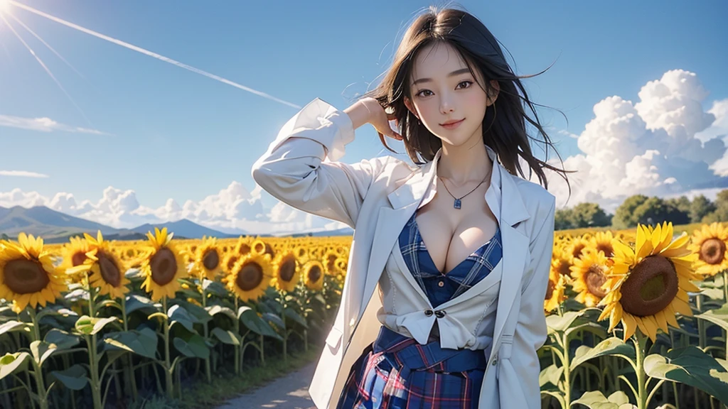 8K、RAW Photos、Highest quality、Super detailed、Super Resolution、Ultra HD、8K壁紙、Amazing details American blazer uniform girl ((White blouse with formal collar, Blue blazer, Blue plaid skirt, Red checkered ribbon on blouse)), Complete limbs, Full Finger,
A large sunflower field in the countryside、Straight road、Walk through the sunflower field,smile、sun、School bag、Heart Necklace
(((Emphasize cleavage)))
(((Full body photo)))
((Blue sky))