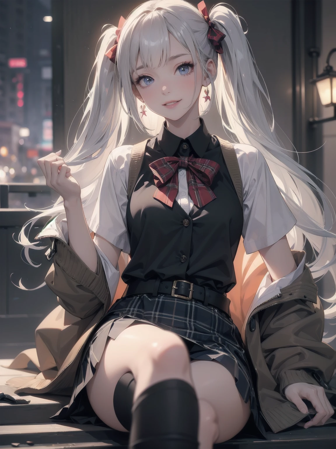 absurdres, absolutely resolution, incredibly absurdres, highres, ultra detailed, official art, unity 8k wallpaper,
BREAK
1 girl, soro, twintails, bow, cardigan vest, short sleeve shirt, plaid skirt, over black legwear, loafers, smile, girl, Dressy styles that are glamorous and pretty, with an emphasis on cuteness, bright shades and pop designs