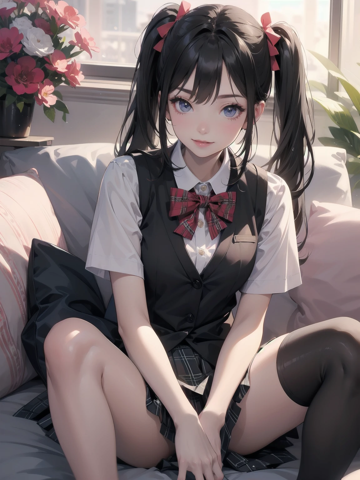 absurdres, absolutely resolution, incredibly absurdres, highres, ultra detailed, official art, unity 8k wallpaper,
BREAK
1 girl, soro, twintails, bow, cardigan vest, short sleeve shirt, plaid skirt, over black legwear, loafers, smile, Sexual girl, Dressy styles that are glamorous and pretty, with an emphasis on cuteness, bright shades and pop designs