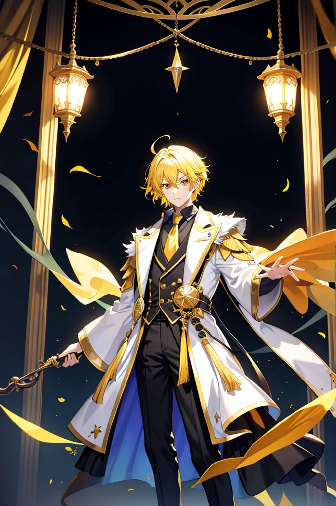 1   boy，cool guy，Yellow-haired，comma hair，Forehead comma hair，fantasy clothes style，Shiny，red eyes，looking at viewert，full body,upper body,dinamic angle,