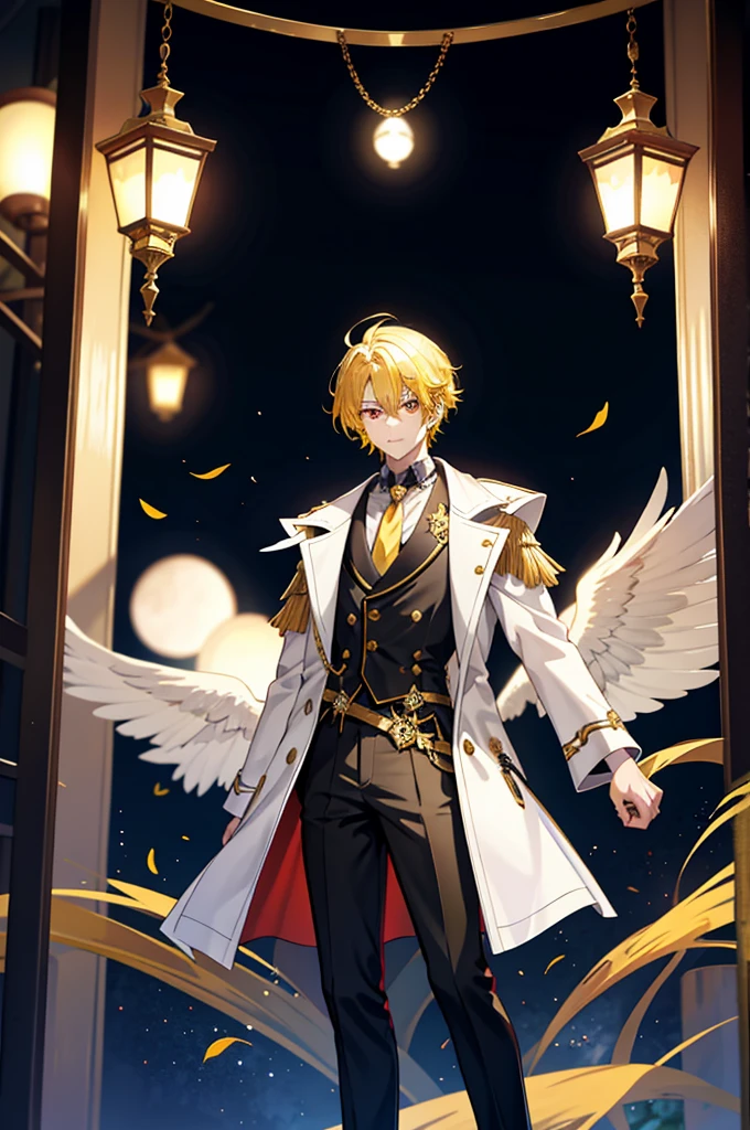 1 boy,cool guy,Yellow-haired,comma hair,Forehead comma hair,fantasy clothes style,Shiny,red eyes,looking at viewert,full body,upper body,dinamic angle,