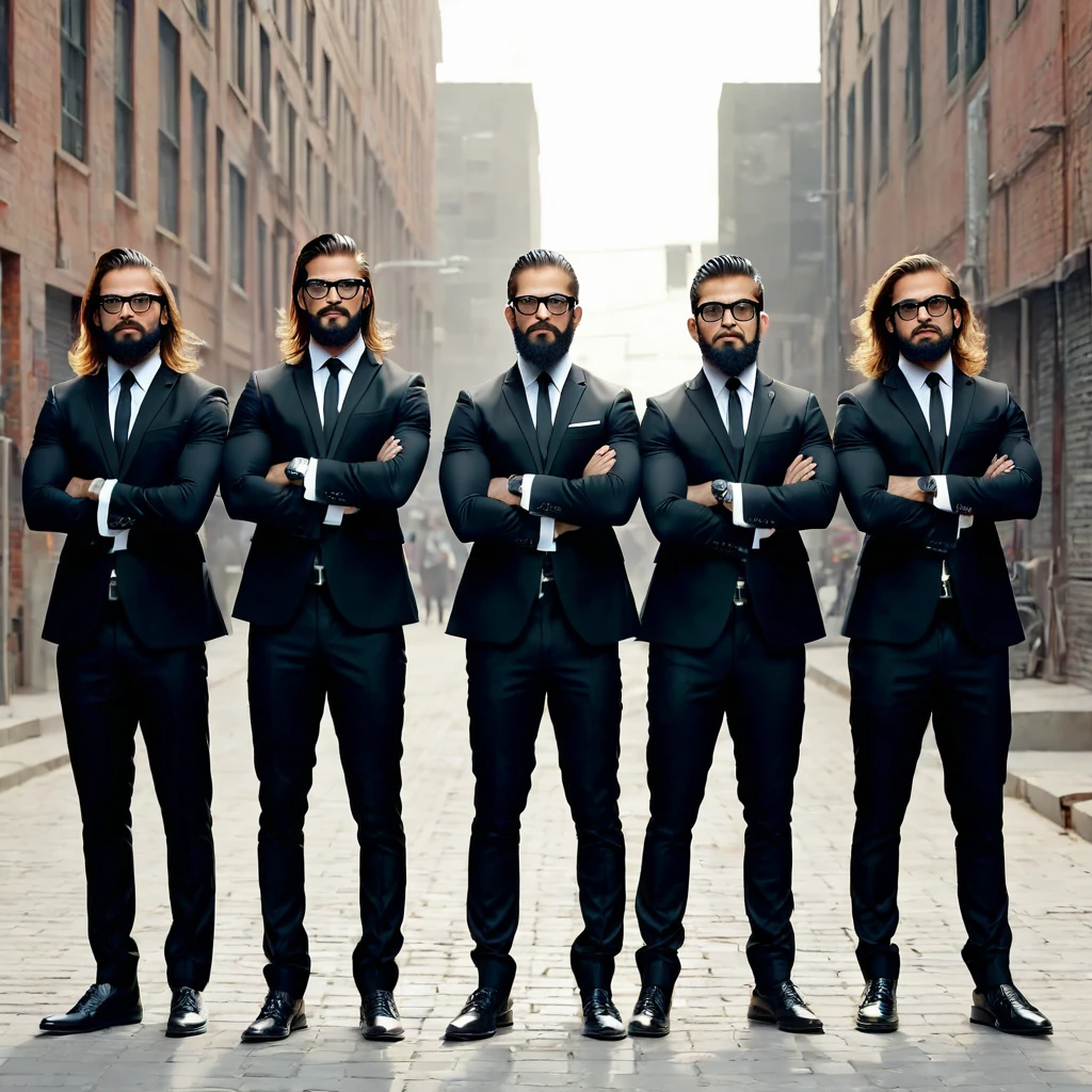 Five gang wearing black full suits , muscular one taller other two little bit short both wearing spectacles, one have good beard and long hair  and other two shorter than these two and one wearing spectacles  ,muscular and well build posing like models , ultrahd 8k, guy with the beard and longhair in middle as the leader.,