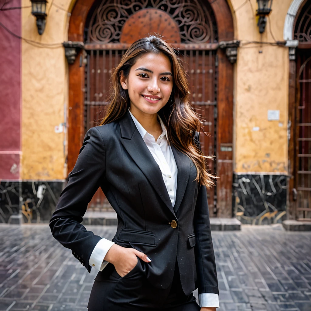 COLOR PORTRAIT OF 25 YEAR OLD WOMAN WITH LONG BROWN HAIR BROWN EYES LOOKING STABLY AT THE CAMERA WITH A LIGHT SMILE FULL BODY WEARING A BLACK SUIT IN ANGEL DE LA NDEPENDENCIA MEXICO CITY