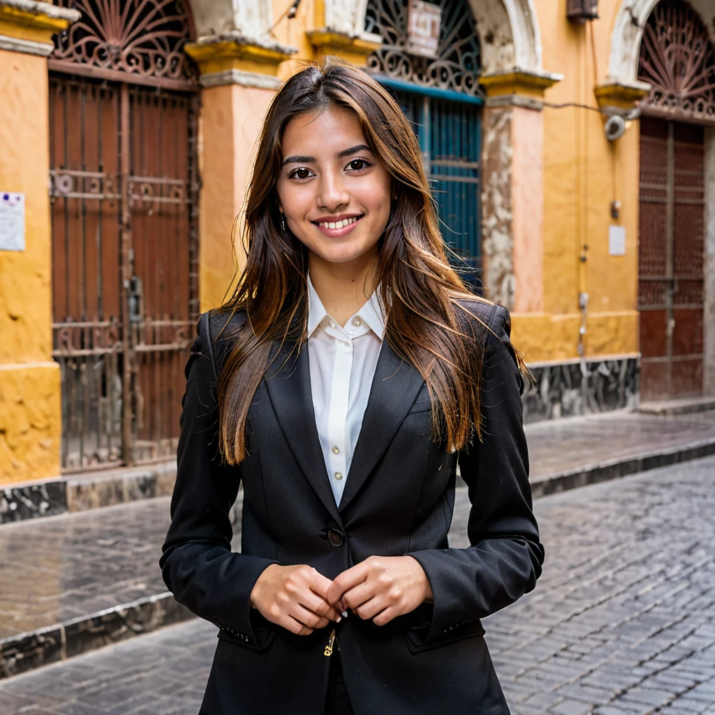 COLOR PORTRAIT OF 25 YEAR OLD WOMAN WITH LONG BROWN HAIR BROWN EYES LOOKING STABLY AT THE CAMERA WITH A LIGHT SMILE FULL BODY WEARING A BLACK SUIT IN ANGEL DE LA NDEPENDENCIA MEXICO CITY