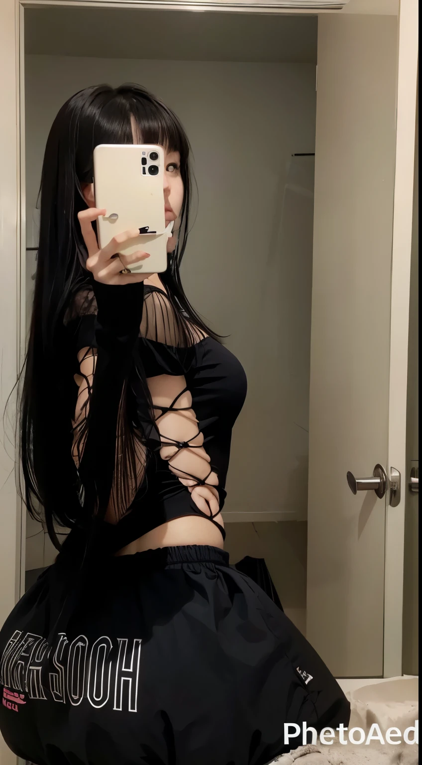 A woman taking a photo in front of the mirror, use bangs , long black hair