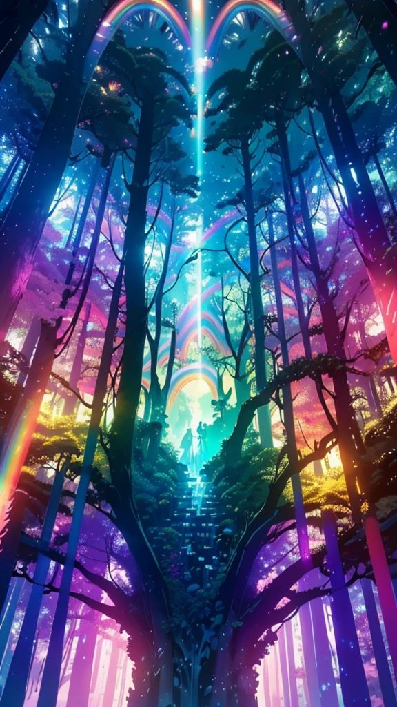 Mysterious and enchanting forest, With shining flowers, Neon butterfly, Crystal clear water from the waterfall, Beautiful tree々, (((Individuality vision with extremely extravagant multi colors))), In the background is a mysterious illuminated deer, {Highly detailed 16K CG unit wallpaper}, Wide大な風景写真, (A low perspective with focus on the characters and the sky above), (Wide々Clear visibility), (Low angle shot), (highlight: 1.4) , (Low Light: 1.2), (Warm light source: 1.6), Intricate details, (Rainbow colors: 1.6), (Bright lighting), (Atmospheric lighting), dream-like, Individuality,