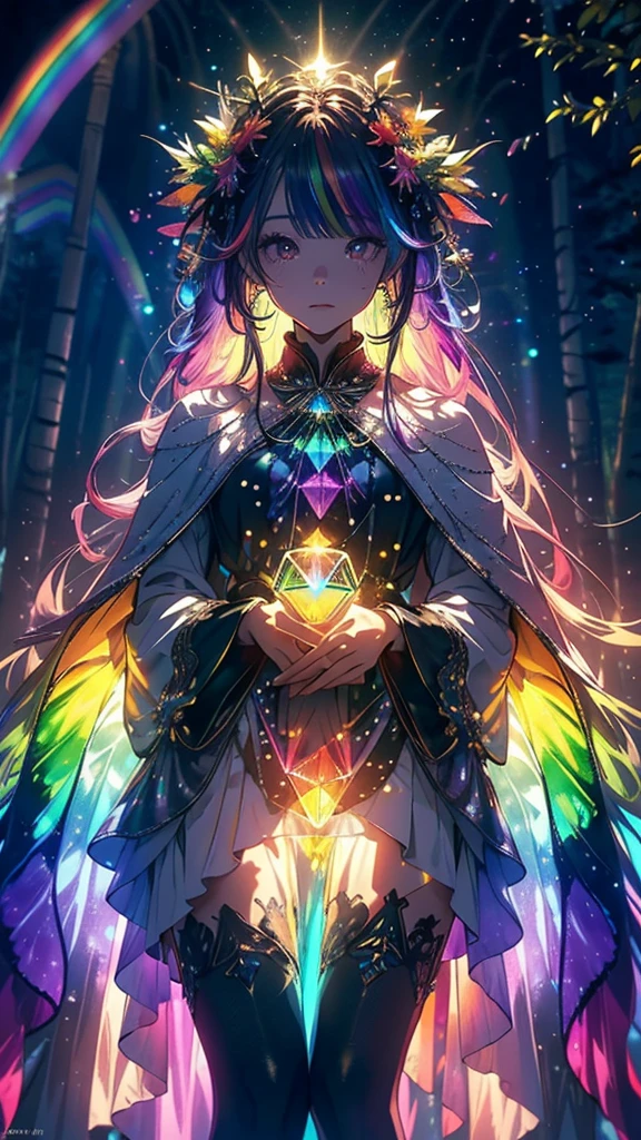 Mysterious and enchanting forest, With shining flowers, Neon butterfly, Crystal clear water from the waterfall, Beautiful tree々, (((Individuality vision with extremely extravagant multi colors))), In the background is a mysterious illuminated deer, {Highly detailed 16K CG unit wallpaper}, Wide大な風景写真, (A low perspective with focus on the characters and the sky above), (Wide々Clear visibility), (Low angle shot), (highlight: 1.4) , (Low Light: 1.2), (Warm light source: 1.6), Intricate details, (Rainbow colors: 1.6), (Bright lighting), (Atmospheric lighting), dream-like, Individuality,