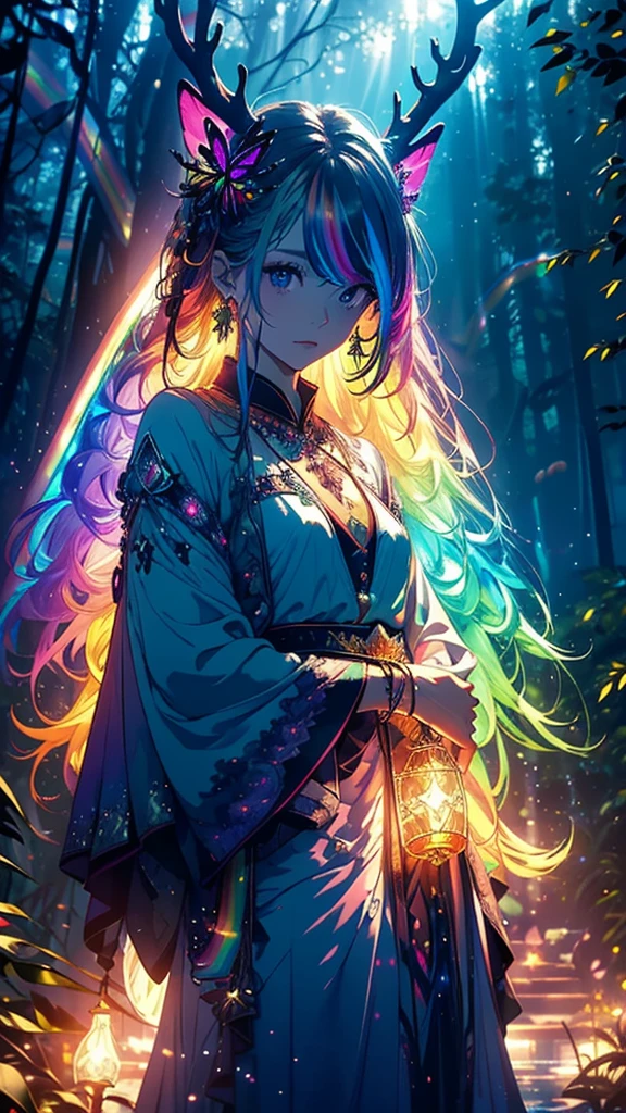 Mysterious and enchanting forest, With shining flowers, Neon butterfly, Crystal clear water from the waterfall, Beautiful tree々, (((Individuality vision with extremely extravagant multi colors))), In the background is a mysterious illuminated deer, {Highly detailed 16K CG unit wallpaper}, Wide大な風景写真, (A low perspective with focus on the characters and the sky above), (Wide々Clear visibility), (Low angle shot), (highlight: 1.4) , (Low Light: 1.2), (Warm light source: 1.6), Intricate details, (Rainbow colors: 1.6), (Bright lighting), (Atmospheric lighting), dream-like, Individuality,
