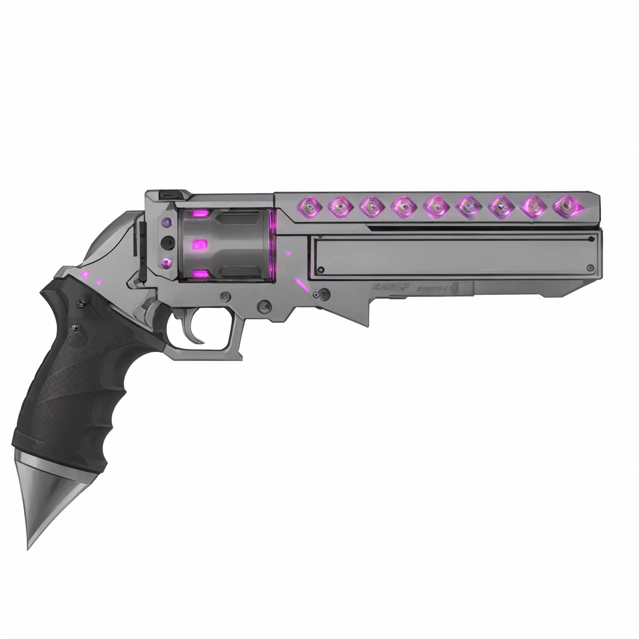 A futuristic handcannon, Revolver, handgun, gun, fun, scifi, LED lights, neon lights, chrome, silver, toxic pink, punk purple, deadly, pistol, item, weapon, highlights, etched, metal, cyberpunk, cylinder, high caliber revolver