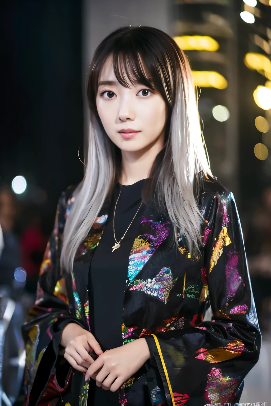 Masterpiece, high quality, high resolution, 8K, (solo:1.2), ((1girl)), Japanese woman, detailed face, detailed eyes, correct body structure, upper body, ((White hair:1.2)), very long hair, messy hair, slender body, seductive silhouette, luminous bones, depth of field, dark photo at nighttime, dimly lit, bangs, Cinematic Lighting, Tyndall effect, abstract background, futuristic outfits, vibrant colors, modern style, wide sleeves, artistic, unique patterns, colorful, stylish, trendy