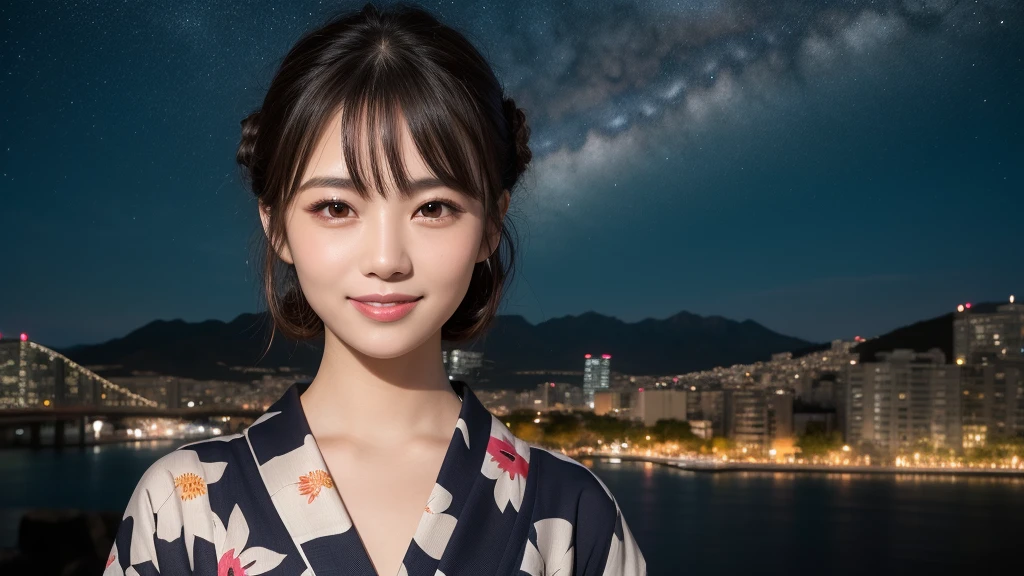 (1women), Updo hairstyle, (round eyes:1.2), (highly detailed face), (extremely detailed beautiful face), (smile happily), (floral pattern yukata), (Best Quality:1.4), (Ultra-detailed), extremely detailed CG unified 8k wallpaper, Realistic portrait, Beautiful detailed, High-definition raw color photos, professional photography, night sky, beautiful milky way, (fine face:1.2), focus on women, Tanabata, tanabata, The night view of the city is so beautiful,