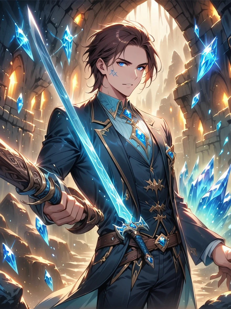 (((Dungeons & Dragons))),A glittering dragon's underground lair featuring an 1man wearing a black suit jacket, (shining swords), scrolls, mysterious runes,rock walls, crystals, gemstones,intense blue eyes,captivating face, (short brown hair), dungeon lighting, caves, high fantasy