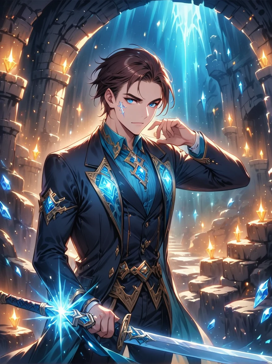 (((Dungeons & Dragons)))，A glittering dragon's underground lair featuring an 1man wearing a black suit jacket, (shining swords), scrolls, mysterious runes,rock walls, crystals, gemstones,intense blue eyes,captivating face, (short brown hair), dungeon lighting, caves, high fantasy