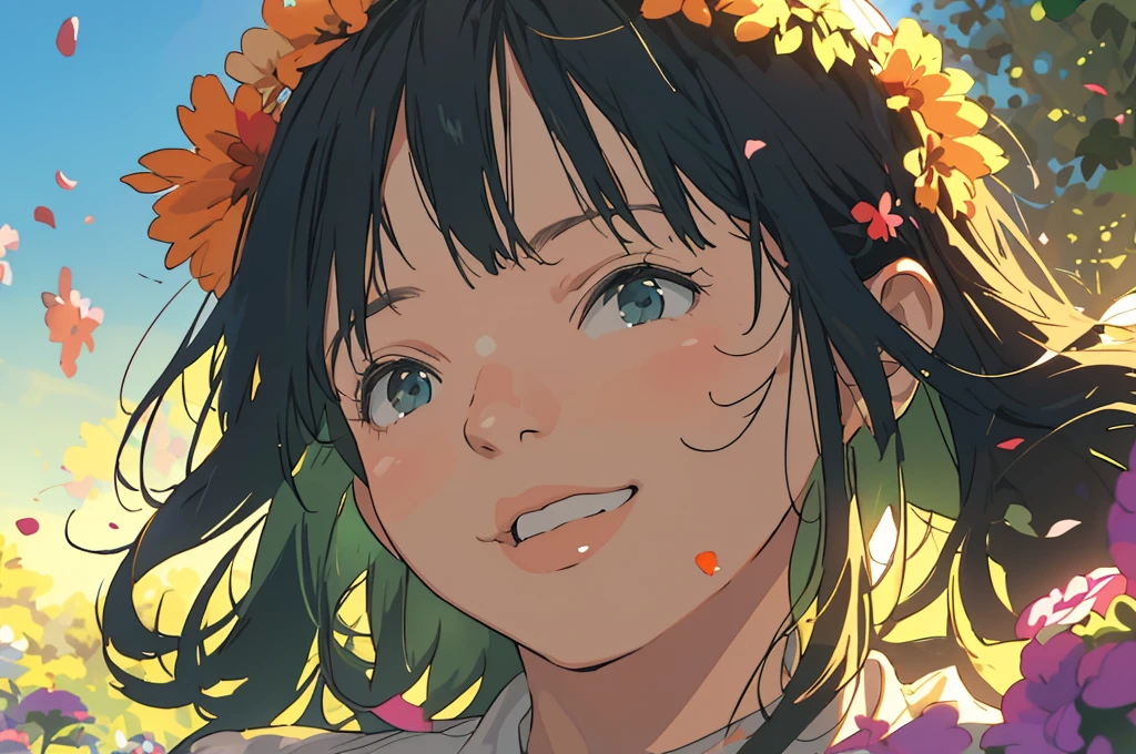 Reasonable design, Clear lines, High Sharpness, (Highest quality,8K,Perfect sharpness,Ultra fine,High resolution,masterpiece:1.2), Perfect Anatomy:1.5, Official Art, Illustrations that tell a story, (Whitish background:0. 9)、Body Positivity、多Mr.な身体表現、(Random and energetic poses)、Perfect beauty、Perfect beautiful face、Strong winds、A rich expression、Dynamic composition、smile、Golden ratio composition、colorful、((Mr.々Different angles and perspectives))、Anime Art、(Mini dress)、(Overcoming stereotypes)、 Glowing Skin、(Natural beauty)、smile、Bangs、(Soft and flowing hair)、(countryside)、(Nostalgic atmosphere)、Put up to your feet、(Playful and carefree)、(多Mr.な民族のキャラクター)、(innocent attitude)、(Sunny atmosphere)、(The skirt flutters wildly in the wind)、(Bright colors)、Beautiful Eyes、(Embarrassing)、Braided Hair、Summer Scene、Smiling among flowers