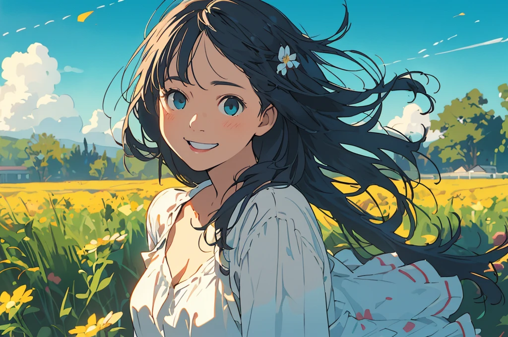Reasonable design, Clear lines, High Sharpness, (Highest quality,8K,Perfect sharpness,Ultra fine,High resolution,masterpiece:1.2), Perfect Anatomy:1.5, Official Art, Illustrations that tell a story, (Whitish background:0. 9)、Body Positivity、多Mr.な身体表現、(Random and energetic poses)、Perfect beauty、Perfect beautiful face、Strong winds、A rich expression、Dynamic composition、smile、Golden ratio composition、colorful、((Mr.々Different angles and perspectives))、Anime Art、(Mini dress)、(Overcoming stereotypes)、 Glowing Skin、(Natural beauty)、smile、Bangs、(Soft and flowing hair)、(countryside)、(Nostalgic atmosphere)、Put up to your feet、(Playful and carefree)、(多Mr.な民族のキャラクター)、(innocent attitude)、(Sunny atmosphere)、(The skirt flutters wildly in the wind)、(Bright colors)、Beautiful Eyes、(Embarrassing)、Braided Hair、Summer Scene、Smiling among flowers