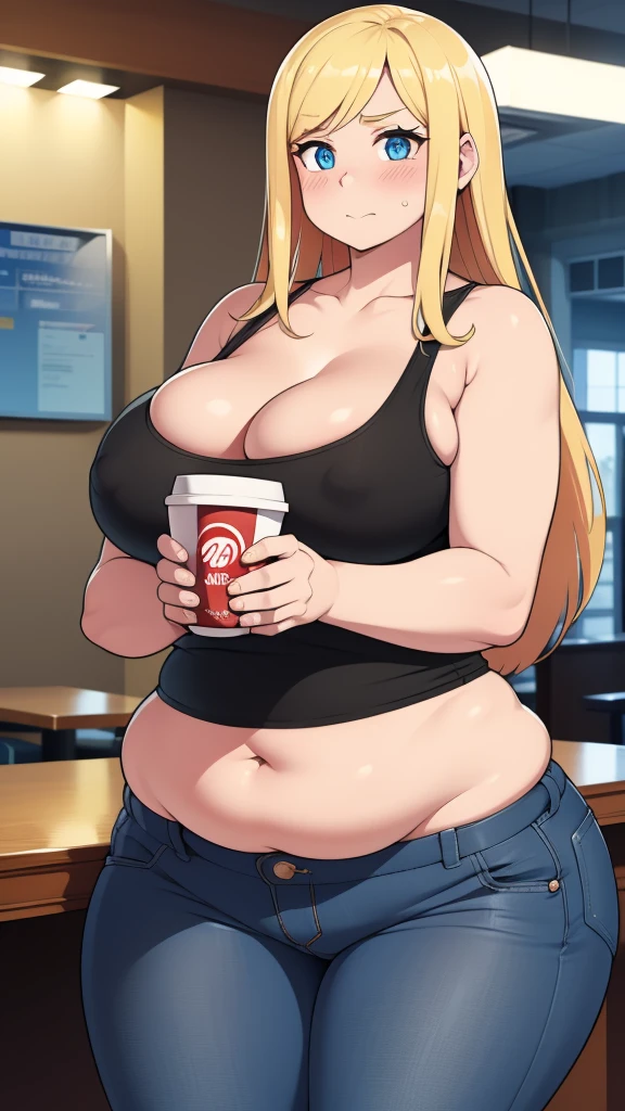 ((Masterpiece)), perfect anatomy, perfect shading, field of depth, (best quality), extremely delicate and beautiful, perfect lighting, detailed face, ultra cute face, cute, (1girl), (solo),
long fluffy blonde hair, blue eyes, ((blush)), nervous, looking at viewer, tank top, jeans, cleavage, large breasts, ((thick thighs)), (wide hips), fat ass, chubby,
intricate background, detailed background, fast food restaurant, standing,
