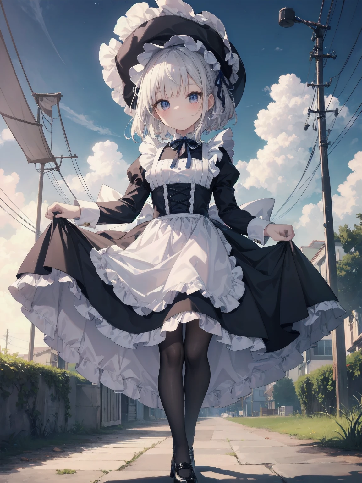 ((Very fine, Very fine CG Unity 8k Wallpaper, High Resolution, Absurd, Beautiful fine details, Very fine hair)), ((Masterpiece)), Outdoors, Sky, Clouds, Grass, ((Beautiful fine details)), Fashionable, One Girl, A  smiling under the stars, a toddler wearing a maid hat with ruby accessories, she is wearing a white and black gothic maid dress with navy blue ribbon. Black stockings, black shoes, cute, super cute toddler maid