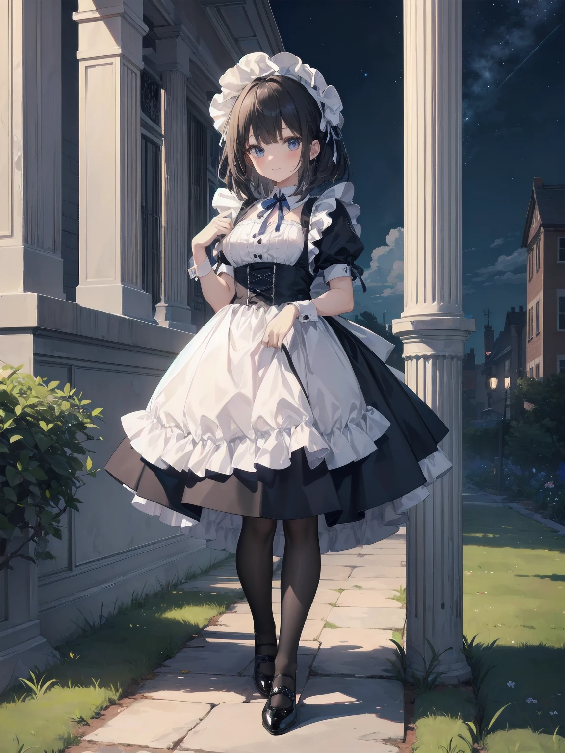((Very fine, Very fine CG Unity 8k Wallpaper, High Resolution, Absurd, Beautiful fine details, Very fine hair)), ((Masterpiece)), Outdoors, Sky, Clouds, Grass, ((Beautiful fine details)), Fashionable, One Girl, A smiling under the stars, a toddler wearing a maid hat with ruby accessories, she is wearing a white and black gothic maid dress with navy blue ribbon. Black stockings, black shoes, cute, super cute toddler maid