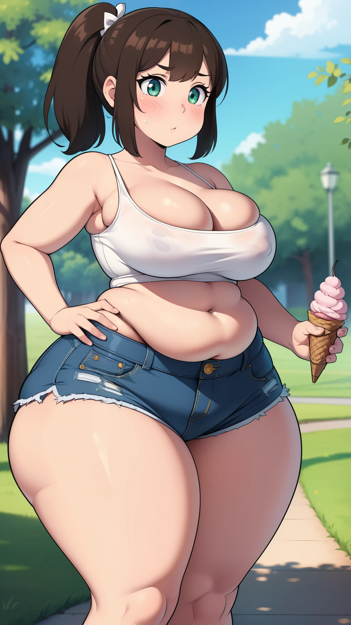 ((Masterpiece)), perfect anatomy, perfect shading, field of depth, (best quality), extremely delicate and beautiful, perfect lighting, detailed face, ultra cute face, cute, (1girl), (solo),
short fluffy brown hair, ponytail, green eyes, ((blush)), embarrassed, looking at viewer, crop top, shorts, cleavage, medium breasts, ((thick thighs)), ((wide hips)), fat ass, chubby,
intricate background, detailed background, park, standing, holding ice cream,