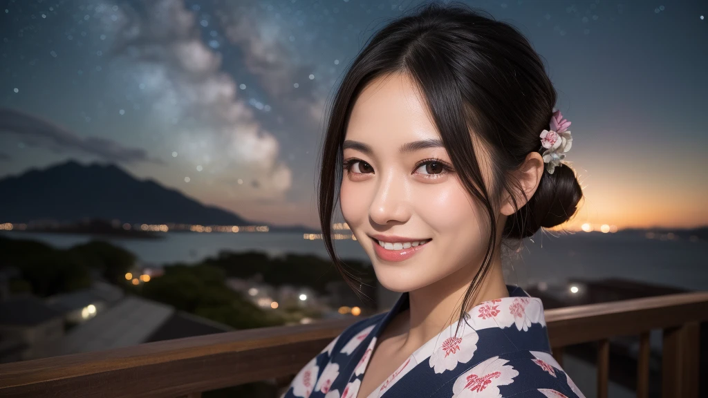 (1women), Updo hairstyle, (round eyes:1.2), (highly detailed face), (extremely detailed beautiful face), (smile happily), (floral pattern yukata), (Best Quality:1.4), (Ultra-detailed), extremely detailed CG unified 8k wallpaper, Realistic portrait, Beautiful detailed, High-definition raw color photos, professional photography, night sky, beautiful milky way, (fine face:1.2), focus on women, Tanabata, tanabata, The night view of the city is so beautiful,