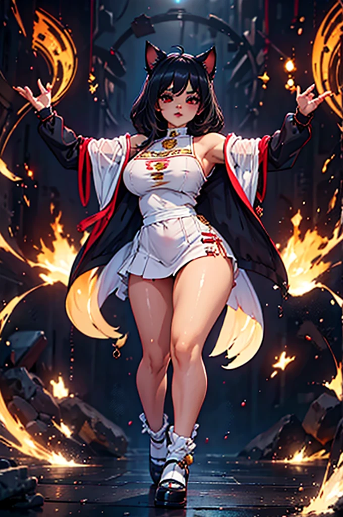 (Excellent quality, good detail, well detailed eyes, HD quality, 4k,) 1chica junkotvv, black hair with cat ears and red eyes with comfortable clothes, simple background , White background