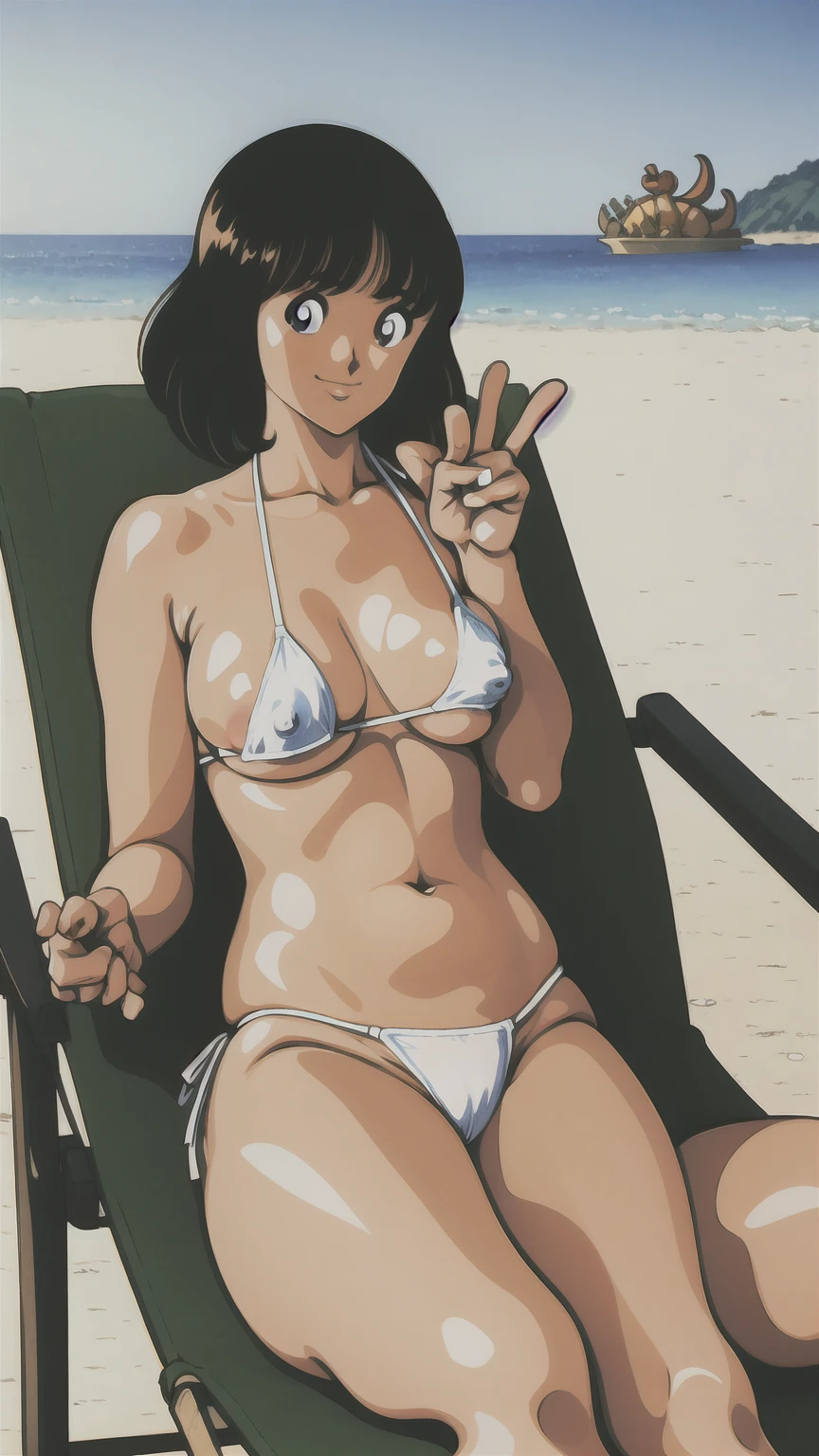 asakura minami/(touch/),((masterpiece)),((highest quality)),POV,super detailed,(thin entire outline),enlightenment,explicit,((1girl:1.3)),dutch angle,black hair,medium hair on shoulders,black eyes,small nose,perfect body,beautiful body,beautiful character design,perfect eyes,perfect face,(happy,smile,red cheeks,having fun:1.2),small open mouth,perspiration,wallpaper,ultra high resolution,8k,photo shoot,(beautiful large breast:1.2),beautiful legs,perfect feet,beautiful skin,fair skin,smooth skin,official style,official art,make a screen cap,outdoor,(summer beach),sunshine,bright lighting,white bikini,(((micro bikini,protruding nipples,camel toe:1.3))),((wide spread legs,peace sign:1.2)),(relaxing on beach chair:1.3),