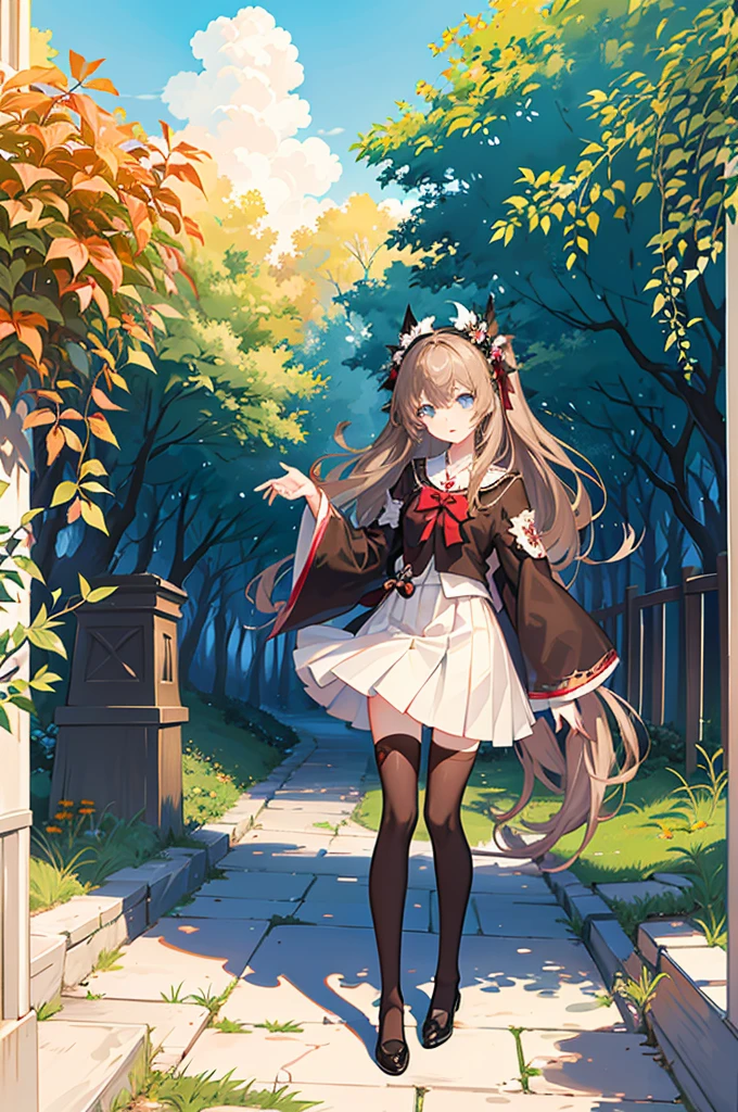 1girl, solo, outdoors, long hair, holy place, Original,(Illustration:1.1),(Best Quality),(masutepiece:1.1),(the Extremely Detailed CG Unity 8K Wallpapers:1.1), (Colorful:0.9),(mid-shot:0.95),(extremely detailed beautiful face),(Solo:1.2), (girl),(((Lori))), (Detailed beautiful eyes:1.15), (Beautiful face:1.15), (Glowing blue eyes:1.25////),(((Brown Long Hair))),(two side up),(+perfect hand+:1.21),(Draw illustration of Japan priestess costume),(slender),(White pleated skirt),(Gothic),((black thighhighs)),(frilld),(Beautiful Slender ta Girl),hallowween,standing, girl,10 yirl,