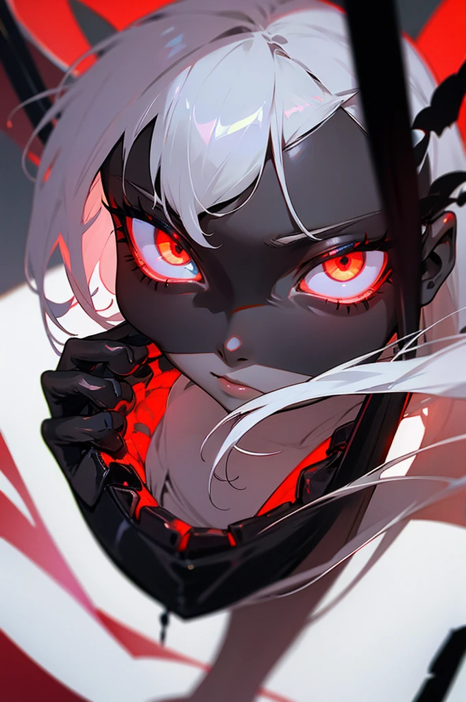 eleven, skin color black obsidian, fancy, White hair, Eyes red
