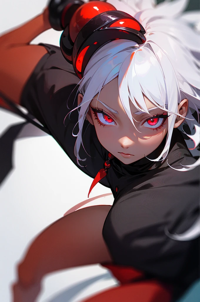 eleven, skin color black obsidian, fancy, White hair, Eyes red