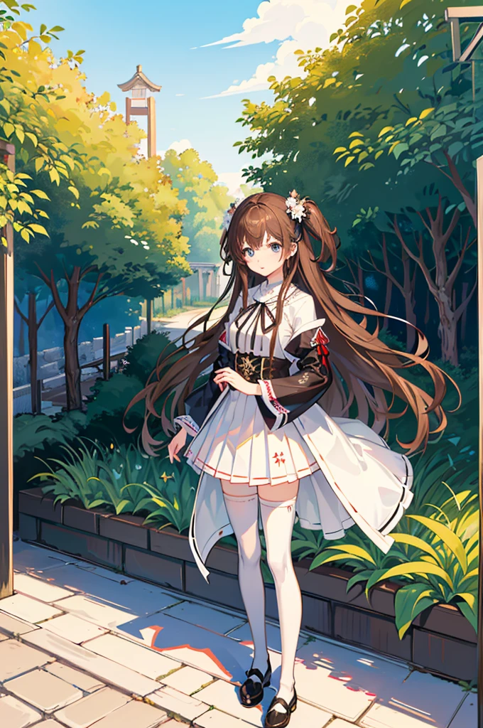 1girl,  solo, outdoors, long hair, holy place, Original,(Illustration:1.1),(Best Quality),(masutepiece:1.1),(the Extremely Detailed CG Unity 8K Wallpapers:1.1), (Colorful:0.9),(mid-shot:0.95),(extremely detailed beautiful face),(Solo:1.2), (girl),(((Lori))), (Detailed beautiful eyes:1.15), (Beautiful face:1.15), (Glowing blue eyes:1.25////),(((Brown Long Hair))),(two side up),(+perfect hand+:1.21),(Draw illustration of Japan priestess costume),(slender),(White pleated skirt),(Gothic),((black thighhighs)),(frilld),(Beautiful Slender Lolita Girl),hallowween,standing, girl,,  girl,