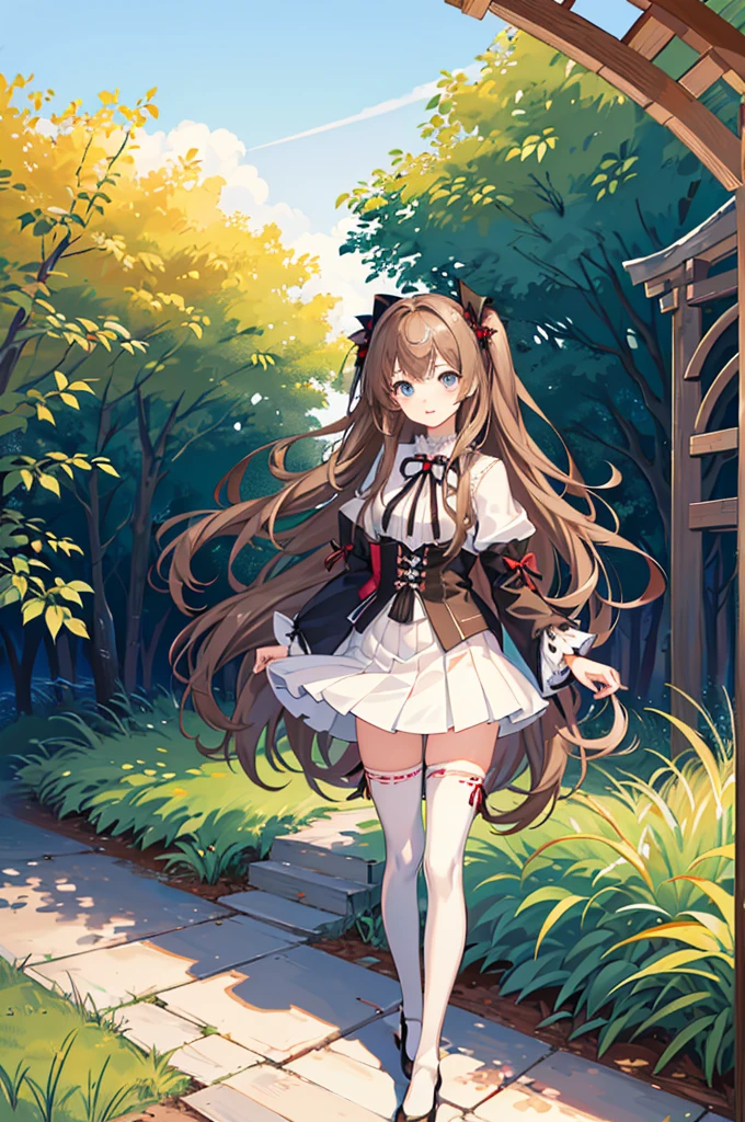1girl, solo, outdoors, long hair, holy place, Original,(Illustration:1.1),(Best Quality),(masutepiece:1.1),(the Extremely Detailed CG Unity 8K Wallpapers:1.1), (Colorful:0.9),(mid-shot:0.95),(extremely detailed beautiful face),(Solo:1.2), (girl),(((Lori))), (Detailed beautiful eyes:1.15), (Beautiful face:1.15), (Glowing blue eyes:1.25////),(((Brown Long Hair))),(two side up),(+perfect hand+:1.21),(Draw illustration of Japan priestess costume),(slender),(White pleated skirt),(Gothic),((black thighhighs)),(frilld),(Beautiful Slender Lolita Girl),hallowween,standing, girl,10 years old, girl,