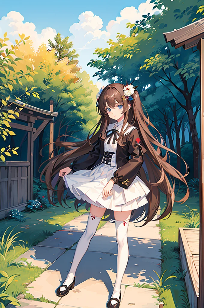 1girl, solo, outdoors, long hair, holy place, Original,(Illustration:1.1),(Best Quality),(masutepiece:1.1),(the Extremely Detailed CG Unity 8K Wallpapers:1.1), (Colorful:0.9),(mid-shot:0.95),(extremely detailed beautiful face),(Solo:1.2), (girl),(((Lori))), (Detailed beautiful eyes:1.15), (Beautiful face:1.15), (Glowing blue eyes:1.25////),(((Brown Long Hair))),(two side up),(+perfect hand+:1.21),(Draw illustration of Japan priestess costume),(slender),(White pleated skirt),(Gothic),((black thighhighs)),(frilld),(Beautiful Slender ta Girl),hallowween,standing, girl,10 yirl,