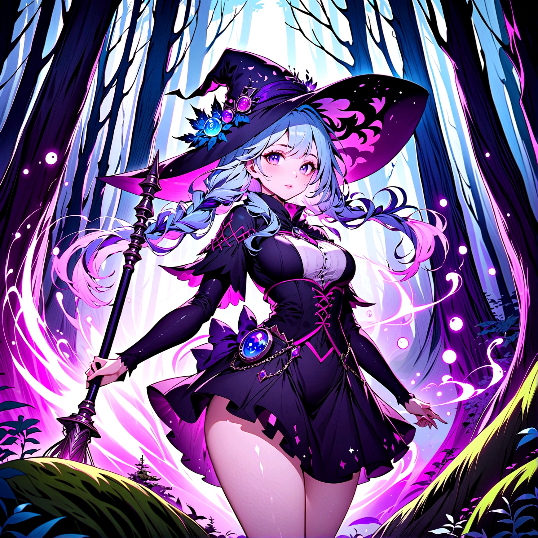 The high-resolution anime-style illustration depicts a mesmerizing forest witch adorned with a curvaceous figure accentuated by her enchanting attire, and a hat intricately crafted with vibrant purple gumdrops and soft moss. With an impeccable level of detail, her pale skin gives off an ethereal glow, perfectly complementing her waist-length cascading hair that seems to flow endlessly. the witch wields a staff that resonates with ancient power. The background surrounds you in a mystical forest, with its lush foliage and towering trees enveloped in an aura of enchantment. The scene captures the essence of magic and mystery, inviting viewers to immerse themselves in a world of wonder