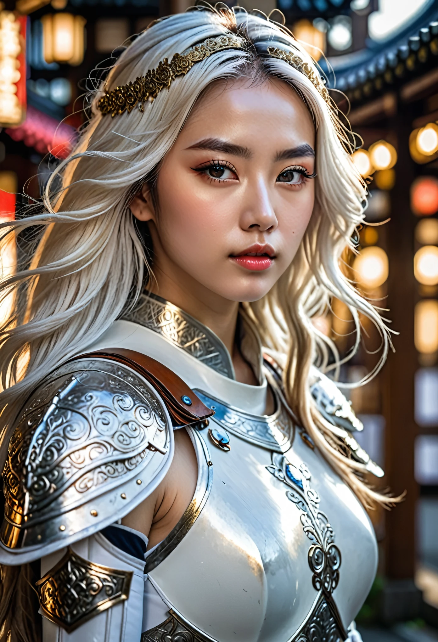 a young beautiful woman in white armor, long detailed hair, detailed facial features, beautiful eyes, nose, and lips, solo portrait, tokyo fashion style, kosmos, best quality, 8k, ultra-detailed, ultra high res, photo-realistic, dramatic lighting, vivid colors, intricate details