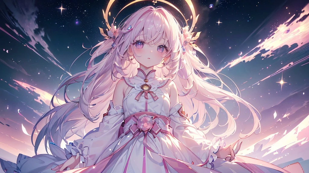 (((Highest quality、masterpiece、Ultra-fine、Ultra-fine、Exquisite、16K、Full HD,high school girl,))) 、Dark Eyes、Long eyelashes、White skin、(Pale pink lips、Pale pink cheeks、thin and long)、 ((cute)) ((One person)) 、((Glare)) 、Wide Shot、Space galaxy background、(A magnificent composition、epic proportion)、Dynamic lighting、、