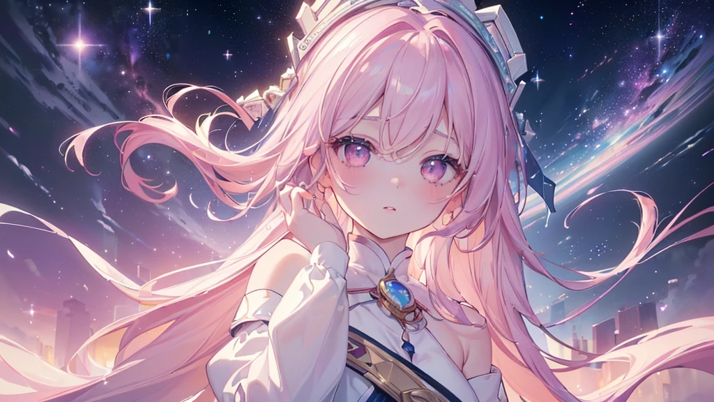 (((Highest quality、masterpiece、Ultra-fine、Ultra-fine、Exquisite、16K、Full HD,high school girl,))) 、Dark Eyes、Long eyelashes、White skin、(Pale pink lips、Pale pink cheeks、thin and long)、 ((cute)) ((One person)) 、((Glare)) 、Wide Shot、Space galaxy background、(A magnificent composition、epic proportion)、Dynamic lighting、、