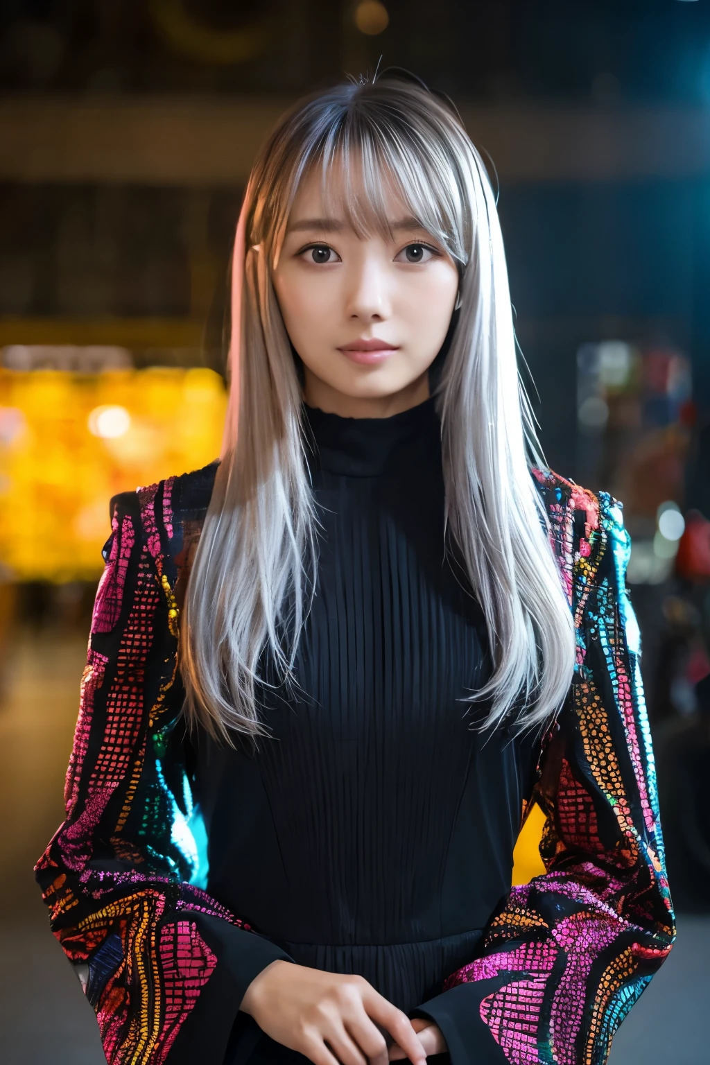 Masterpiece, high quality, high resolution, 8K, (solo:1.2), ((1girl)), Japanese woman, detailed face, detailed eyes, correct body structure, upper body, ((White hair:1.2)), very long hair, messy hair, slender body, seductive silhouette, luminous bones, depth of field, dark photo at nighttime, dimly lit, bangs, Cinematic Lighting, Tyndall effect, abstract background, futuristic outfits, vibrant colors, modern style, wide sleeves, artistic, unique patterns, colorful, stylish, trendy